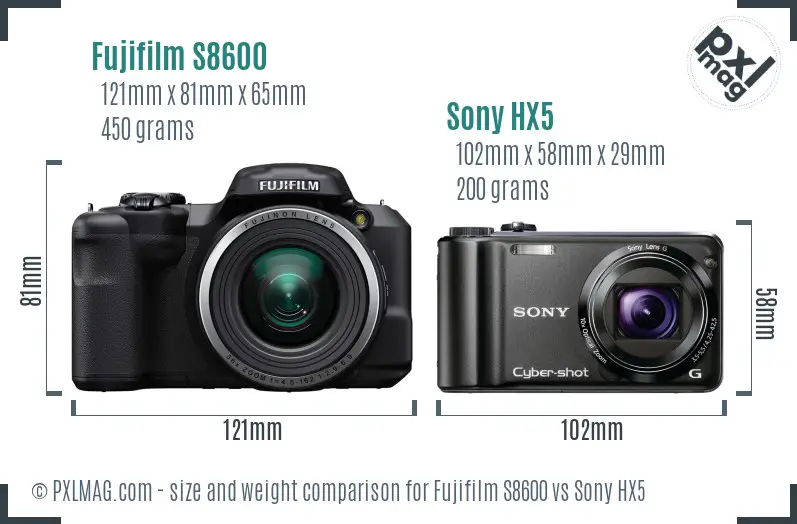 Fujifilm S8600 vs Sony HX5 size comparison