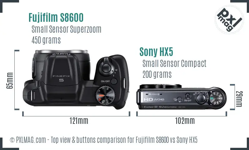 Fujifilm S8600 vs Sony HX5 top view buttons comparison