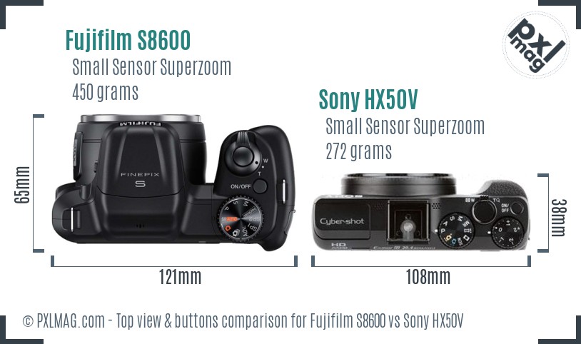 Fujifilm S8600 vs Sony HX50V top view buttons comparison