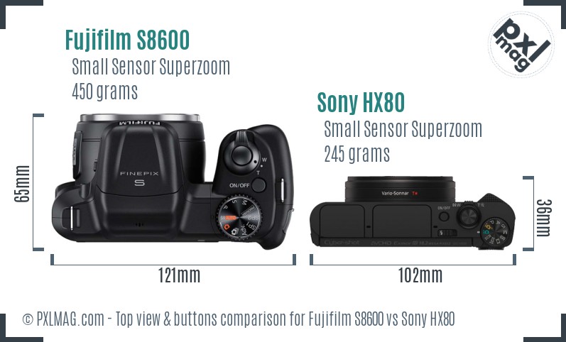 Fujifilm S8600 vs Sony HX80 top view buttons comparison