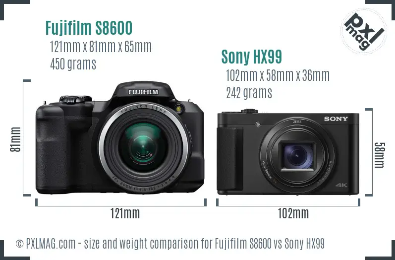 Fujifilm S8600 vs Sony HX99 size comparison