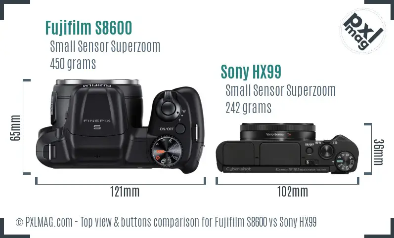Fujifilm S8600 vs Sony HX99 top view buttons comparison