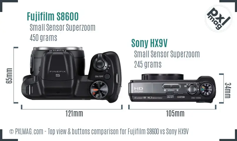 Fujifilm S8600 vs Sony HX9V top view buttons comparison Fujifilm S8600 vs Sony HX9V top view buttons comparison
