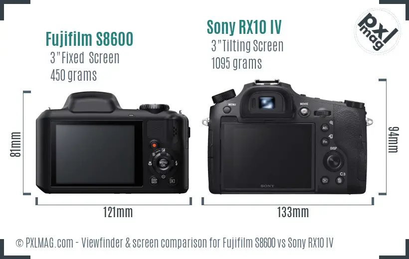 Fujifilm S8600 vs Sony RX10 IV Screen and Viewfinder comparison