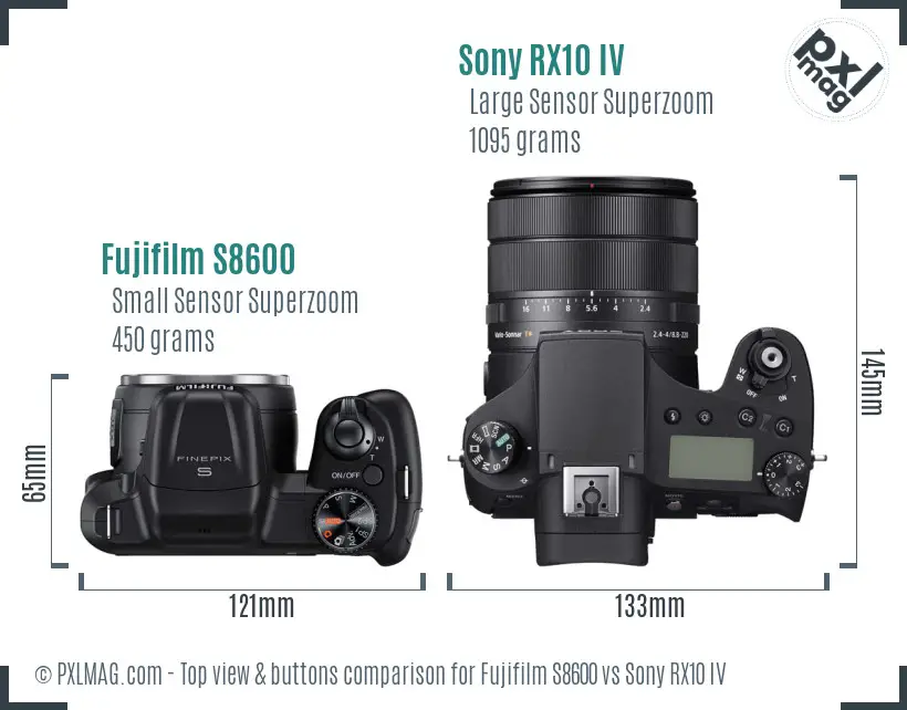 Fujifilm S8600 vs Sony RX10 IV top view buttons comparison