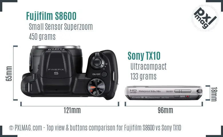 Fujifilm S8600 vs Sony TX10 top view buttons comparison Fujifilm S8600 vs Sony TX10 top view buttons comparison