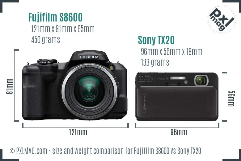 Fujifilm S8600 vs Sony TX20 size comparison