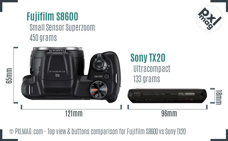 Fujifilm S8600 vs Sony TX20 top view buttons comparison