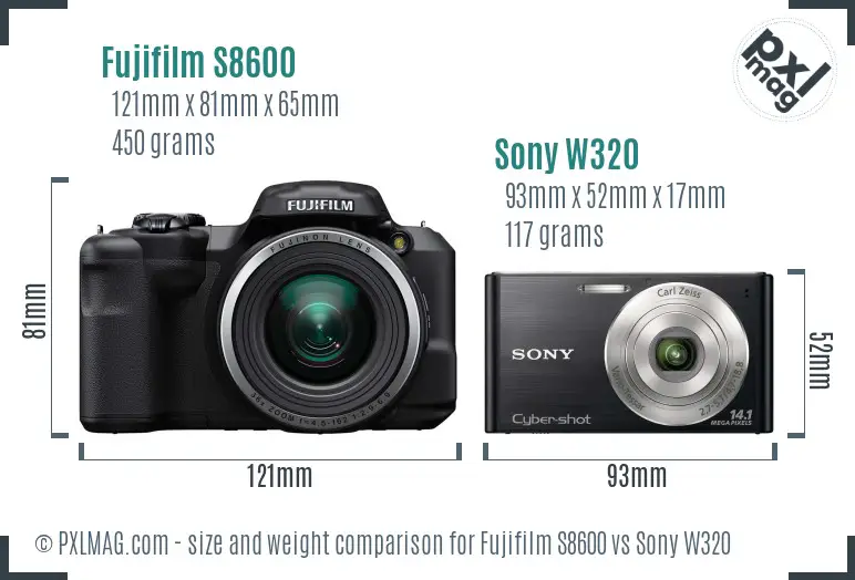 Size and ergonomics comparison of Fujifilm S8600 vs Sony W320