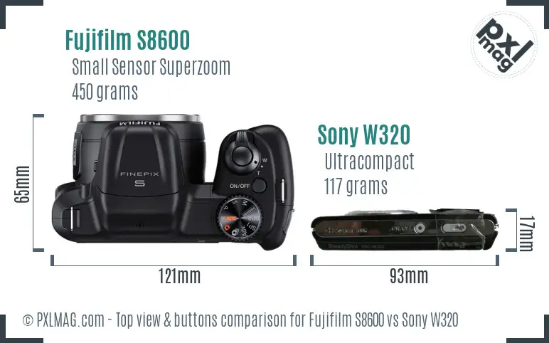Top view design and control layout comparison Fujifilm S8600 vs Sony W320