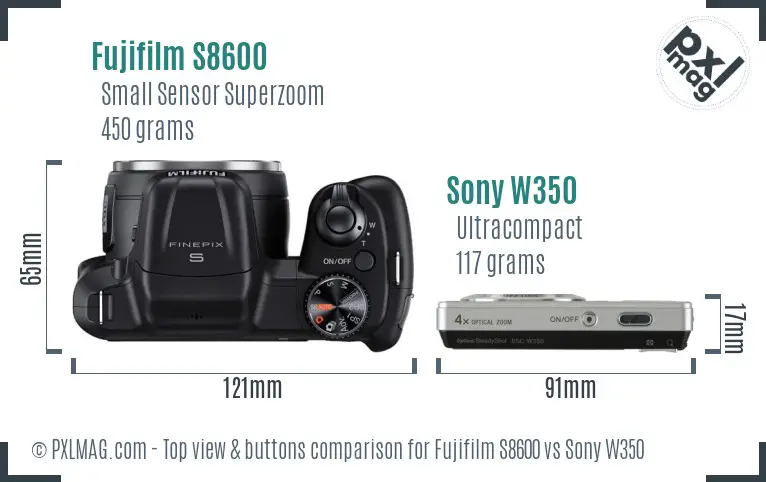 Fujifilm S8600 vs Sony W350 top view buttons comparison Fujifilm S8600 vs Sony W350 top view buttons comparison
