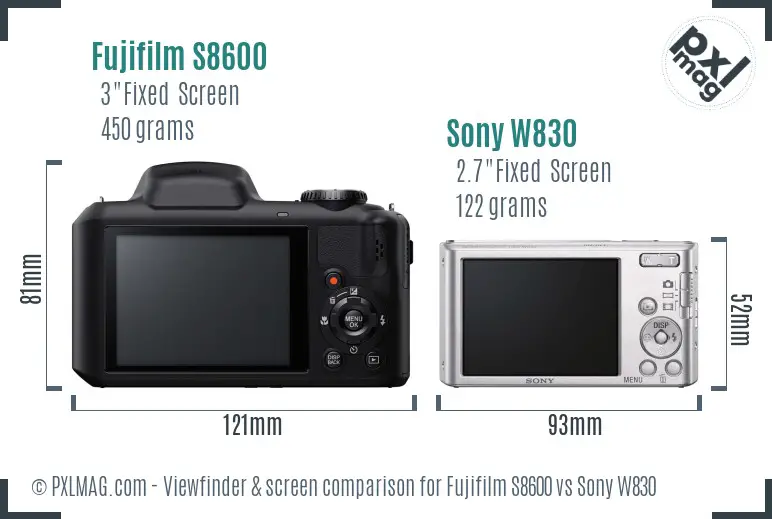 Fujifilm S8600 vs Sony W830 Screen and Viewfinder comparison