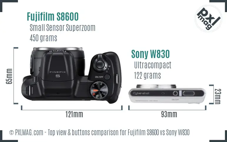 Fujifilm S8600 vs Sony W830 top view buttons comparison