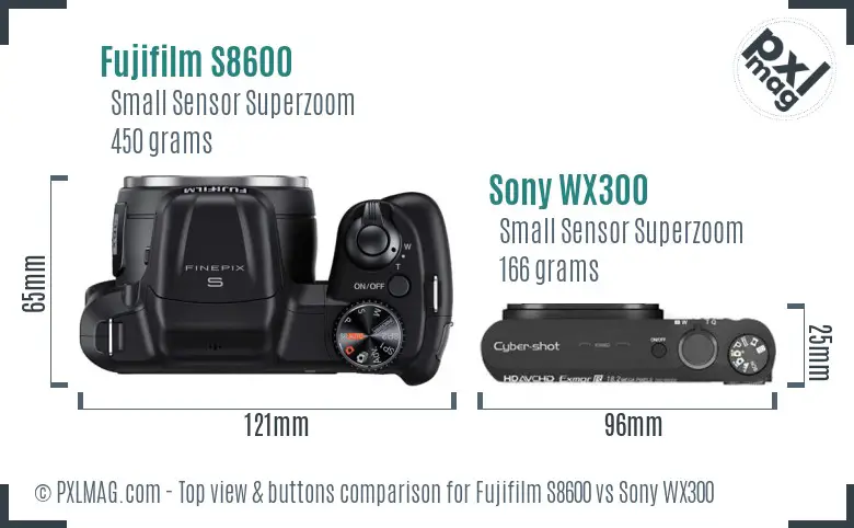 Fujifilm S8600 vs Sony WX300 top view buttons comparison Fujifilm S8600 vs Sony WX300 top view buttons comparison
