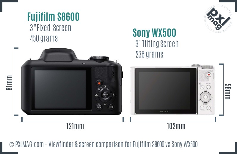 Fujifilm S8600 vs Sony WX500 Screen and Viewfinder comparison