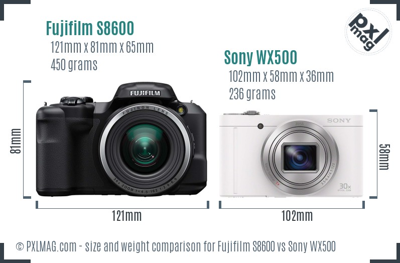 Fujifilm S8600 vs Sony WX500 size comparison