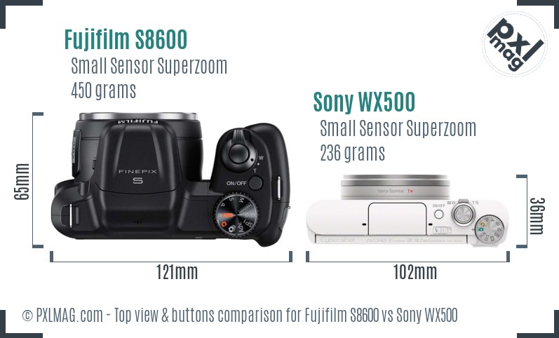 Fujifilm S8600 vs Sony WX500 top view buttons comparison