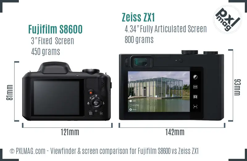 Fujifilm S8600 vs Zeiss ZX1 Screen and Viewfinder comparison