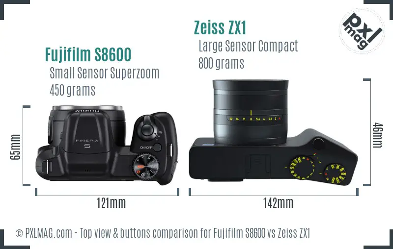 Fujifilm S8600 vs Zeiss ZX1 top view buttons comparison