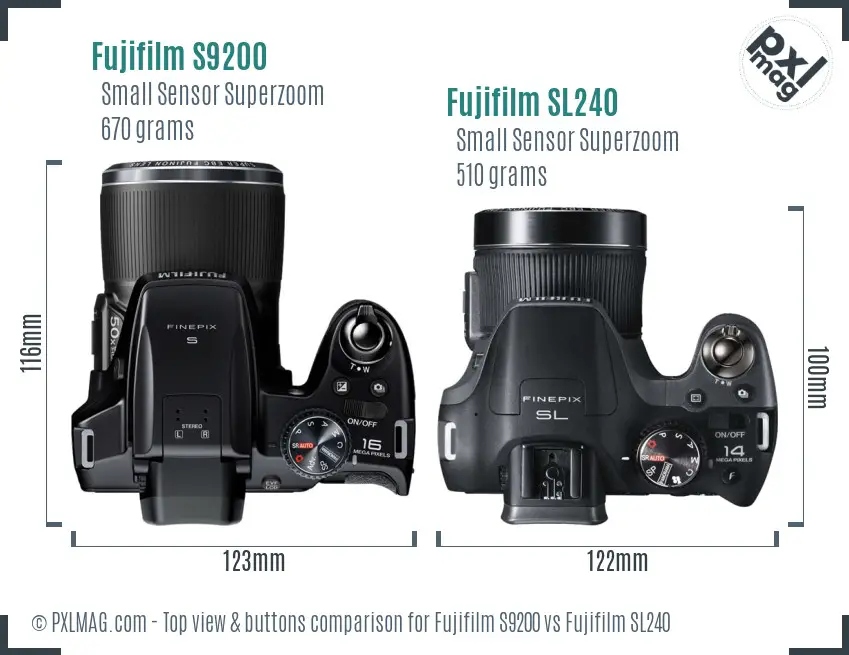 Fujifilm S9200 vs Fujifilm SL240 top view buttons comparison