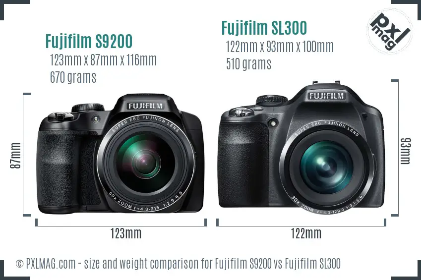 Fujifilm S9200 vs Fujifilm SL300 size comparison