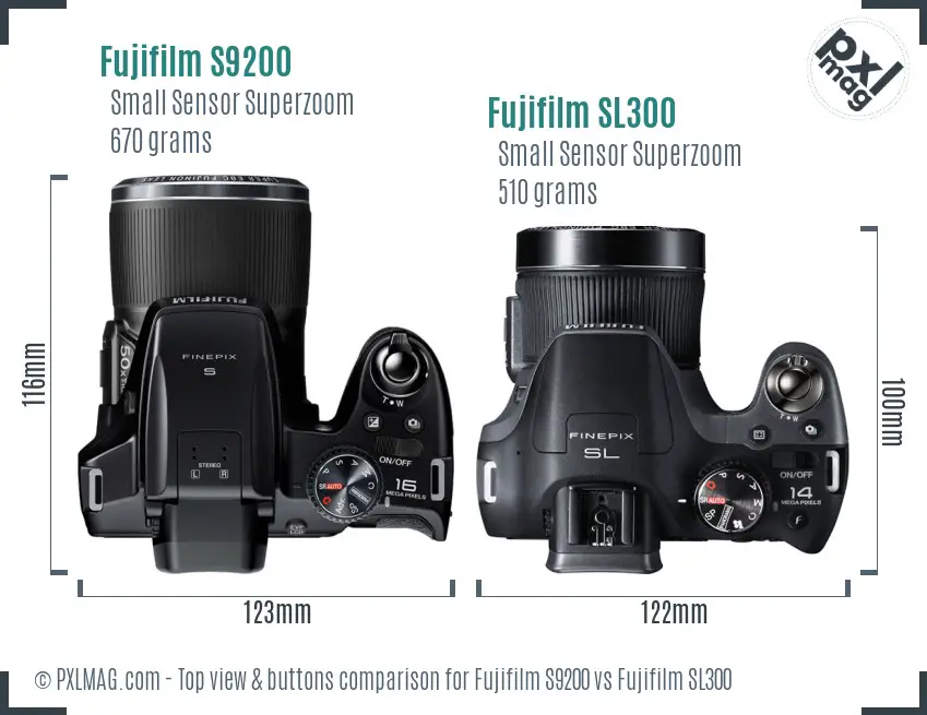 Fujifilm S9200 vs Fujifilm SL300 top view buttons comparison