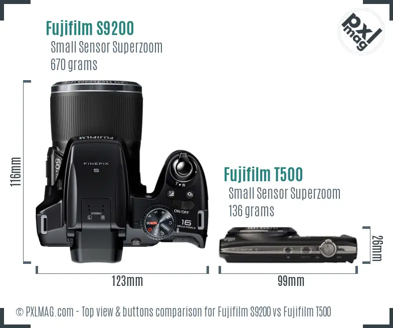 Fujifilm S9200 vs Fujifilm T500 top view buttons comparison