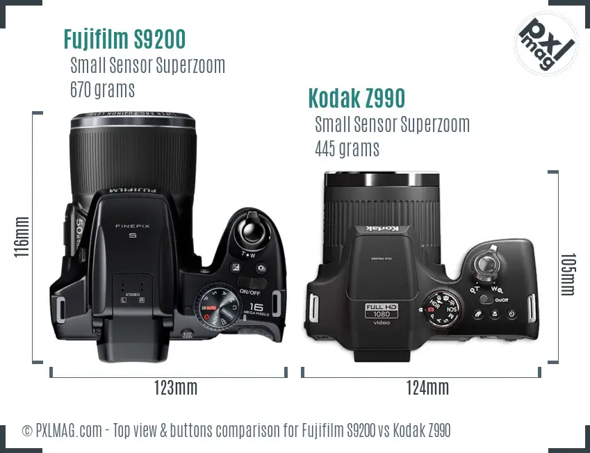 Fujifilm S9200 vs Kodak Z990 top view buttons comparison Fujifilm S9200 vs Kodak Z990 top view buttons comparison