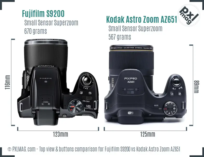 Fujifilm S9200 vs Kodak Astro Zoom AZ651 top view buttons comparison
