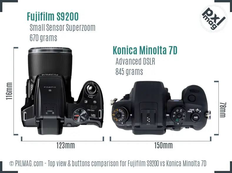 Fujifilm S9200 vs Konica Minolta 7D top view buttons comparison