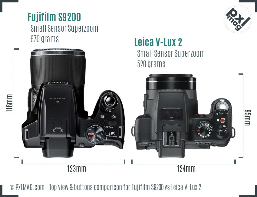 Fujifilm S9200 vs Leica V-Lux 2 top view buttons comparison