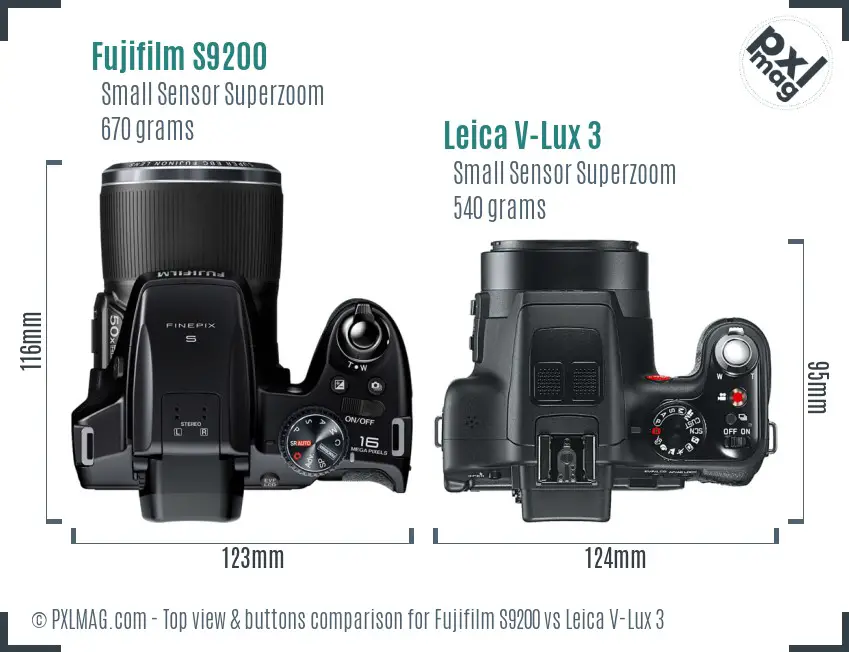 Fujifilm S9200 vs Leica V-Lux 3 top view buttons comparison Fujifilm S9200 vs Leica V-Lux 3 top view buttons comparison