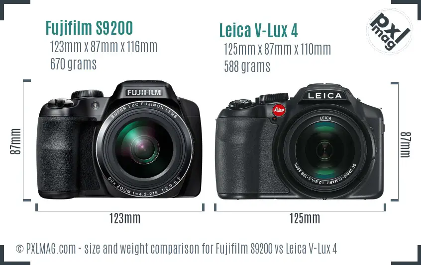 Fujifilm S9200 vs Leica V-Lux 4 size comparison