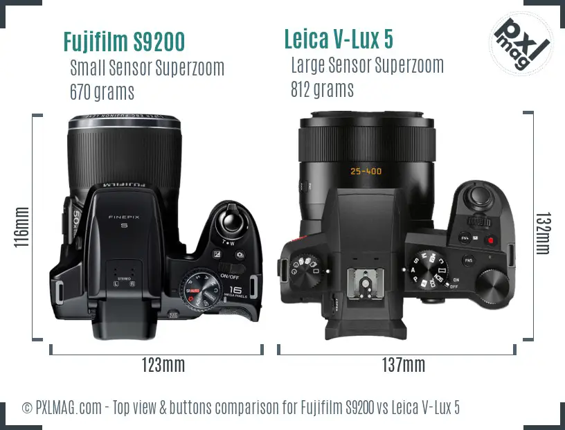 Fujifilm S9200 vs Leica V-Lux 5 top view buttons comparison