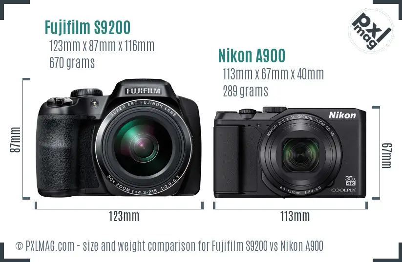 Fujifilm S9200 vs Nikon A900 size comparison