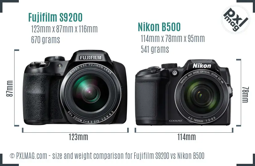 Fujifilm S9200 vs Nikon B500 size comparison