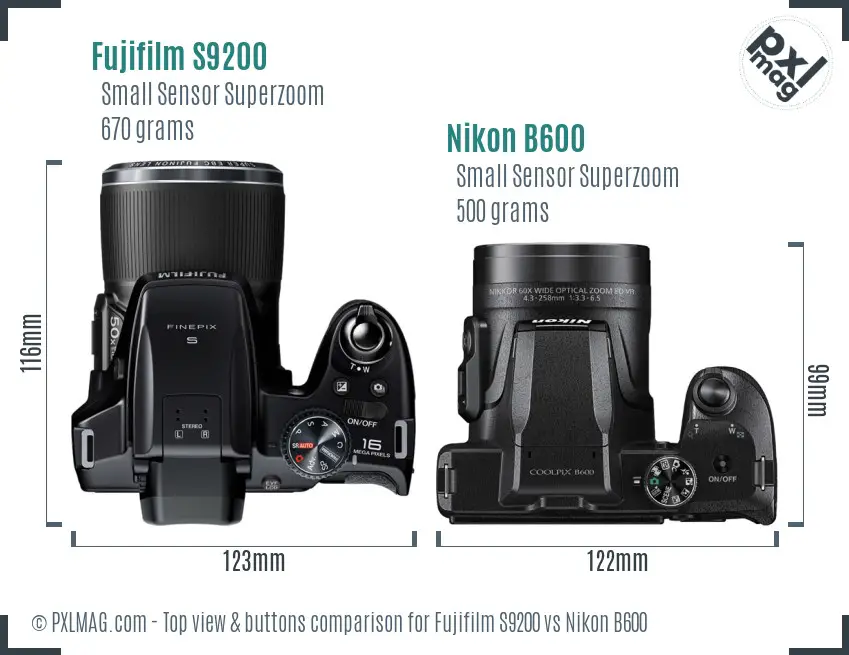 Fujifilm S9200 vs Nikon B600 top view buttons comparison