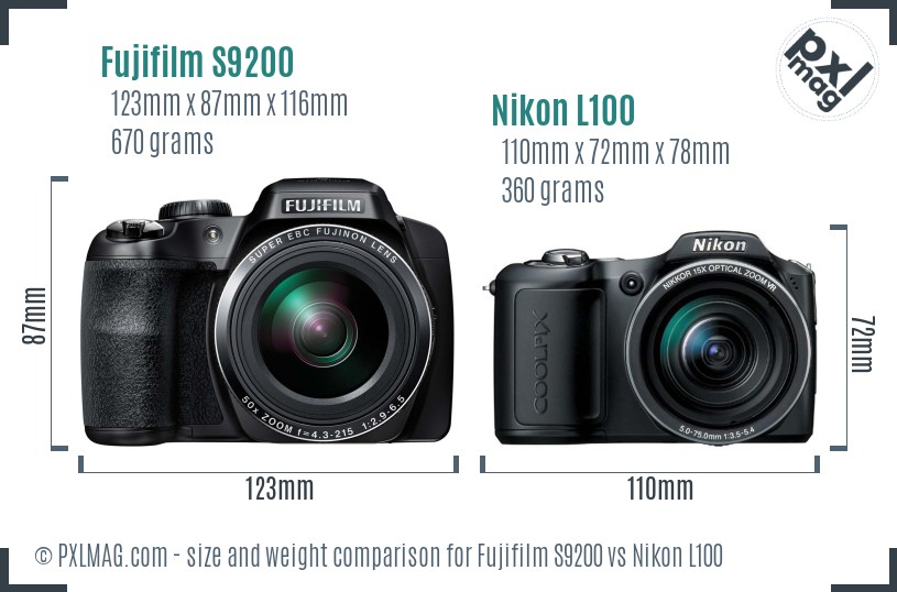Fujifilm S9200 vs Nikon L100 size comparison