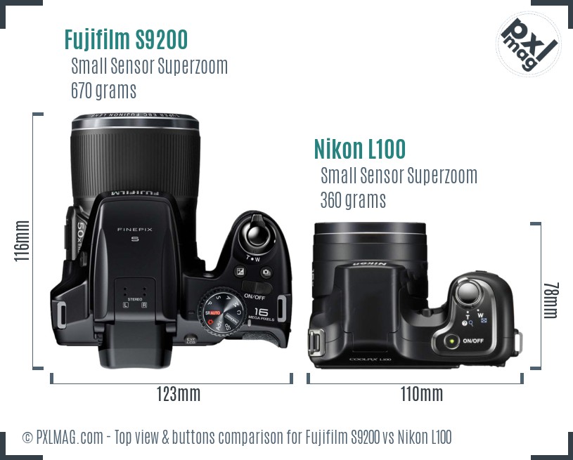 Fujifilm S9200 vs Nikon L100 top view buttons comparison