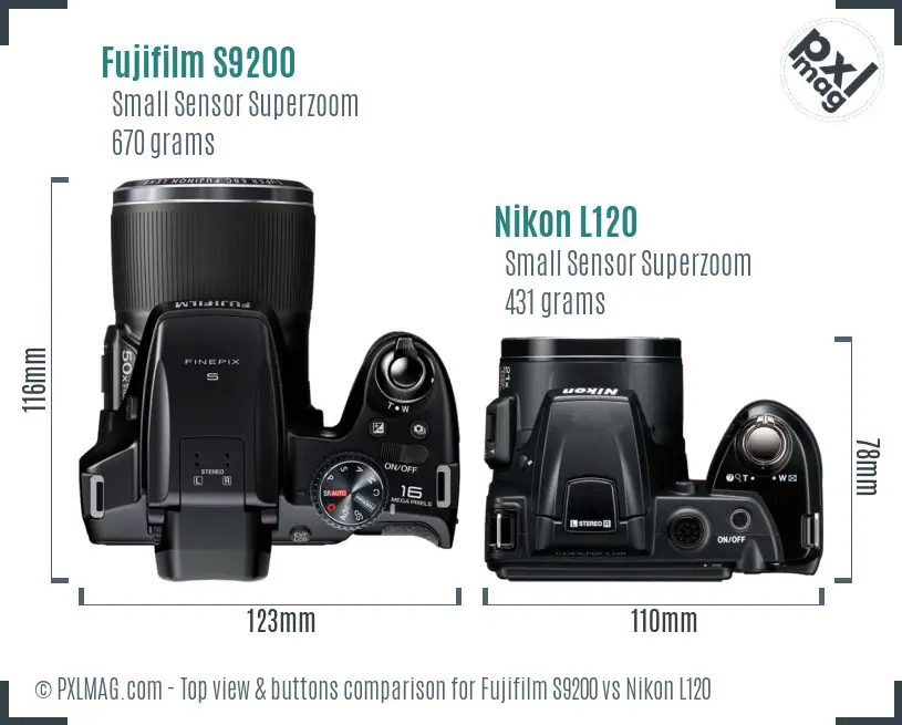 Fujifilm S9200 vs Nikon L120 top view buttons comparison