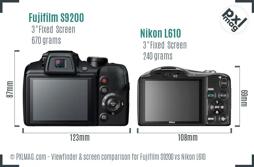 Fujifilm S9200 vs Nikon L610 Screen and Viewfinder comparison