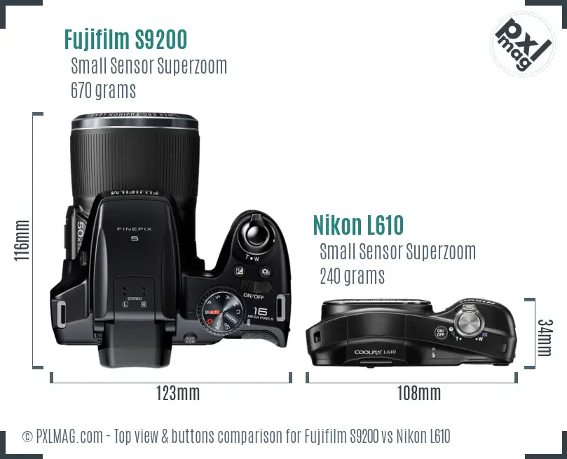Fujifilm S9200 vs Nikon L610 top view buttons comparison