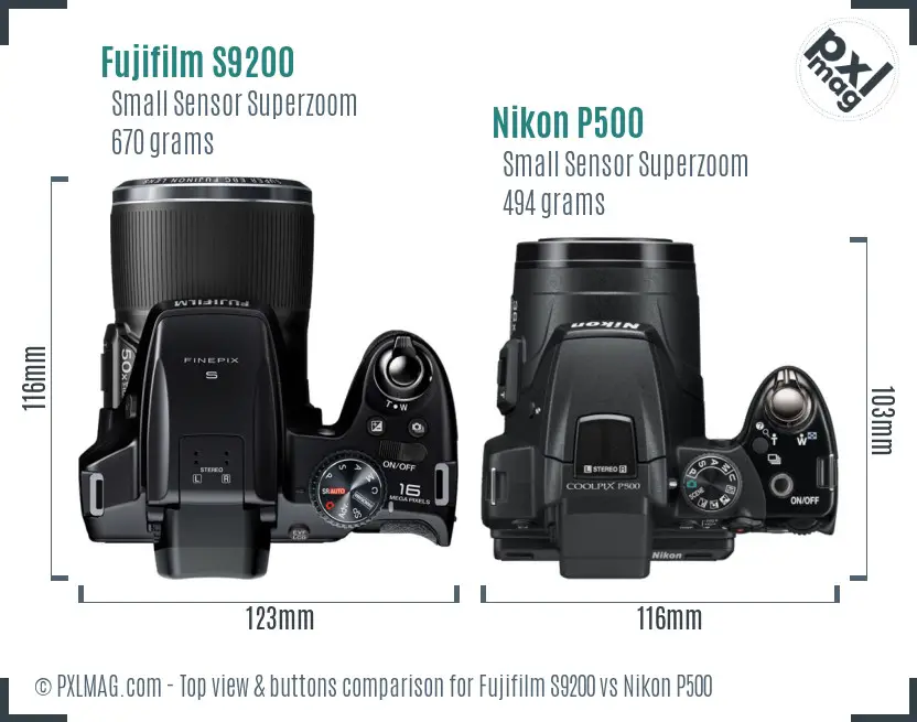 Fujifilm S9200 vs Nikon P500 top view buttons comparison Fujifilm S9200 vs Nikon P500 top view buttons comparison