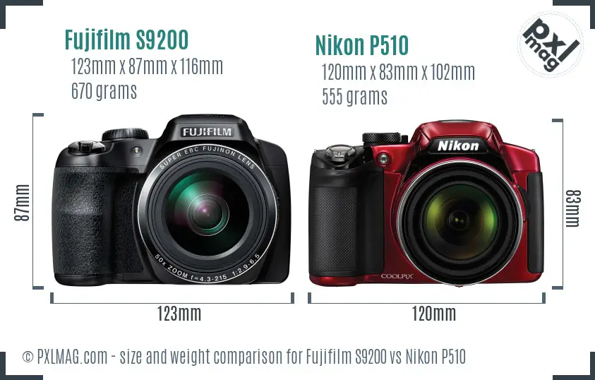 Fujifilm S9200 vs Nikon P510 size comparison