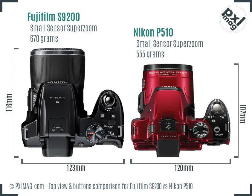 Fujifilm S9200 vs Nikon P510 top view buttons comparison