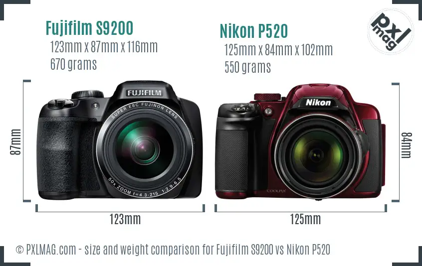 Fujifilm S9200 vs Nikon P520 size comparison