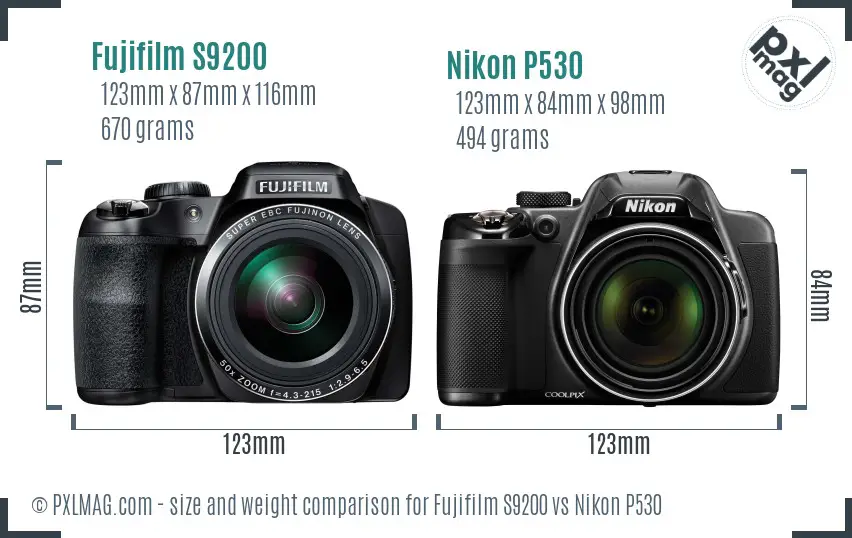 Fujifilm S9200 vs Nikon P530 size comparison