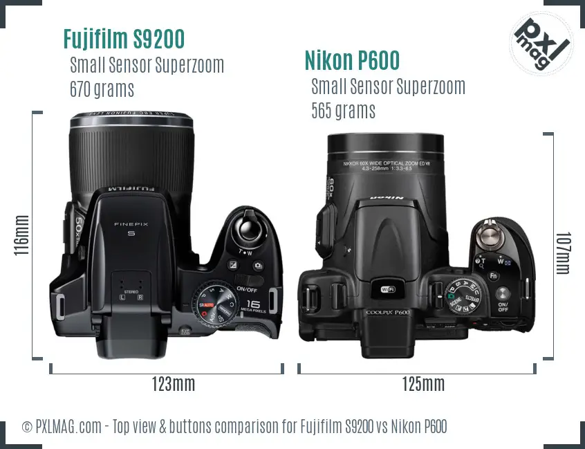Fujifilm S9200 vs Nikon P600 top view buttons comparison