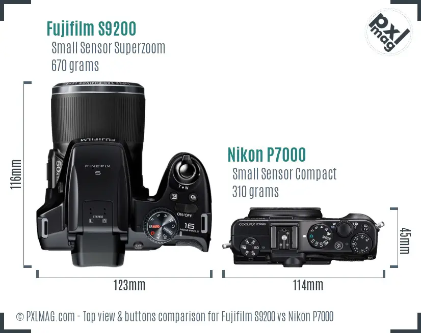 Fujifilm S9200 vs Nikon P7000 top view buttons comparison