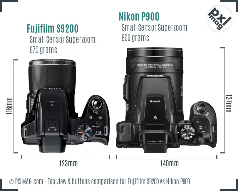 Fujifilm S9200 vs Nikon P900 top view buttons comparison